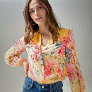 WHBM Yellow Rose Floral Chiffon Blouse Size L